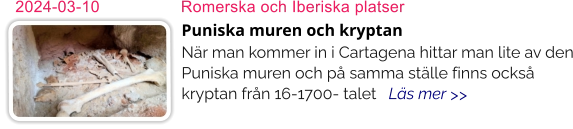 Puniska muren och kryptanNär man kommer in i Cartagena hittar man lite av den Puniska muren och på samma ställe finns också kryptan från 16-1700- talet   Läs mer >> 2024-03-10	Romerska och Iberiska platser