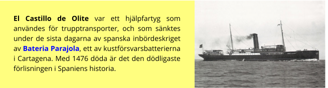 El Castillo de Olite var ett hjälpfartyg som användes för trupptransporter, och som sänktes under de sista dagarna av spanska inbördeskriget av Bateria Parajola, ett av kustförsvarsbatterierna i Cartagena. Med 1476 döda är det den dödligaste förlisningen i Spaniens historia.